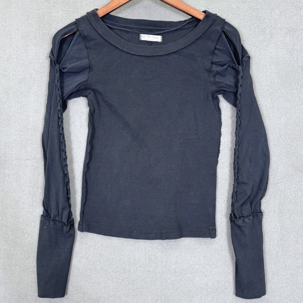 We The Free Top Women XS Black Braided Shoulder Cutout Ribbed Long Sleeve Shirt